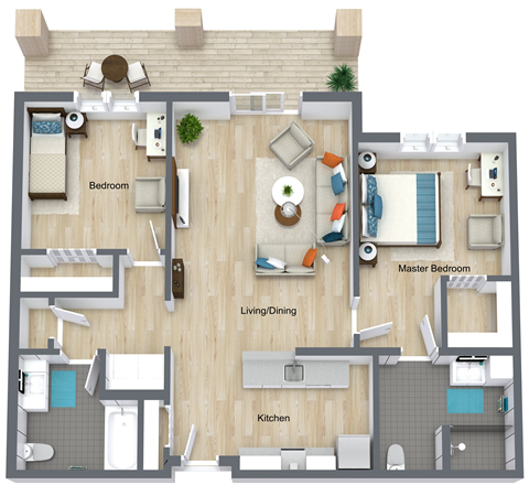 Floor plan for 2 beds, 2 baths, 1076 sqft
